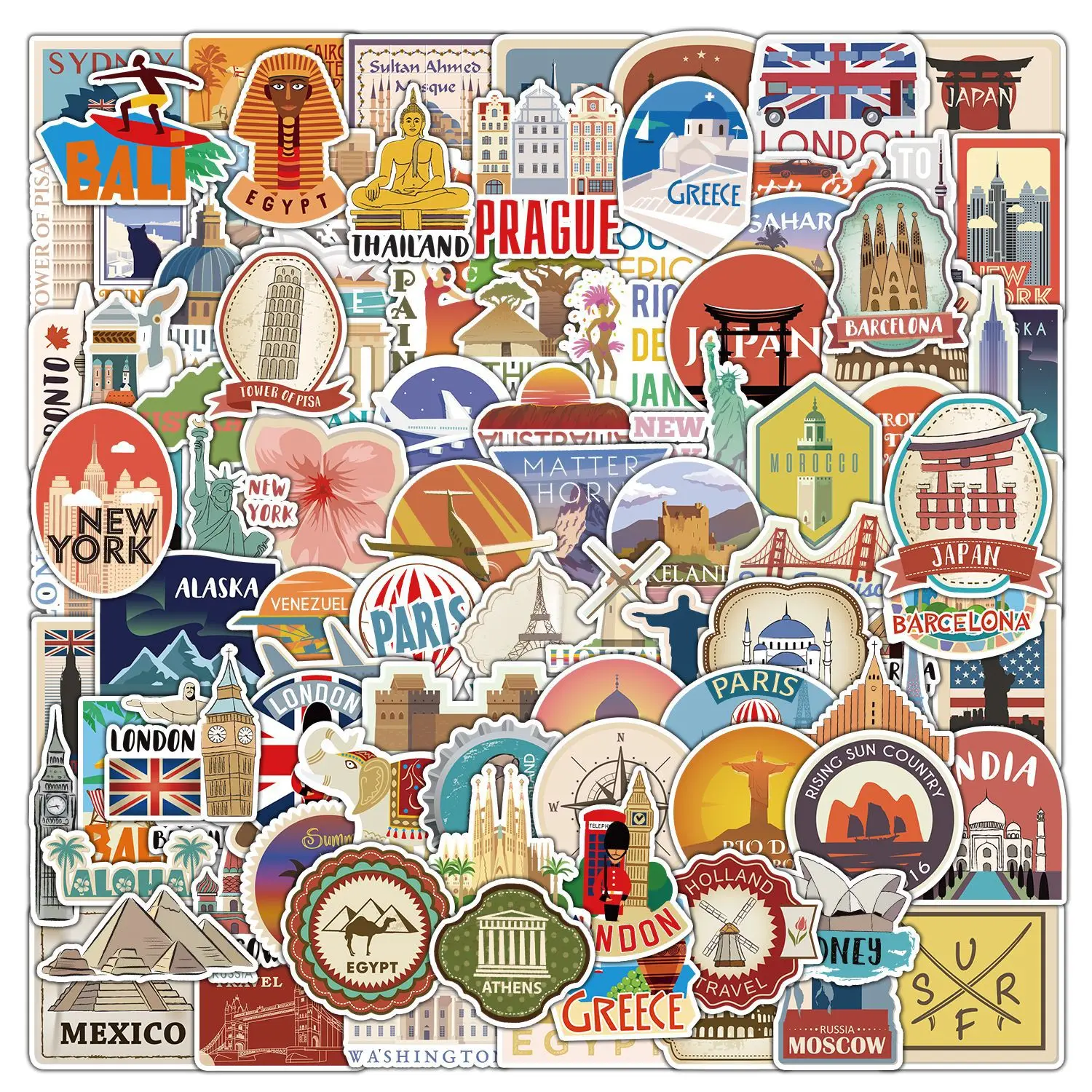 100 Stück weltberühmte Reise-Wahrzeichen-Doodle-Aufkleber, Schreibwaren, Notebook, Telefon, Gitarre, Kühlschrank, Gepäck, wasserfeste Aufkleber