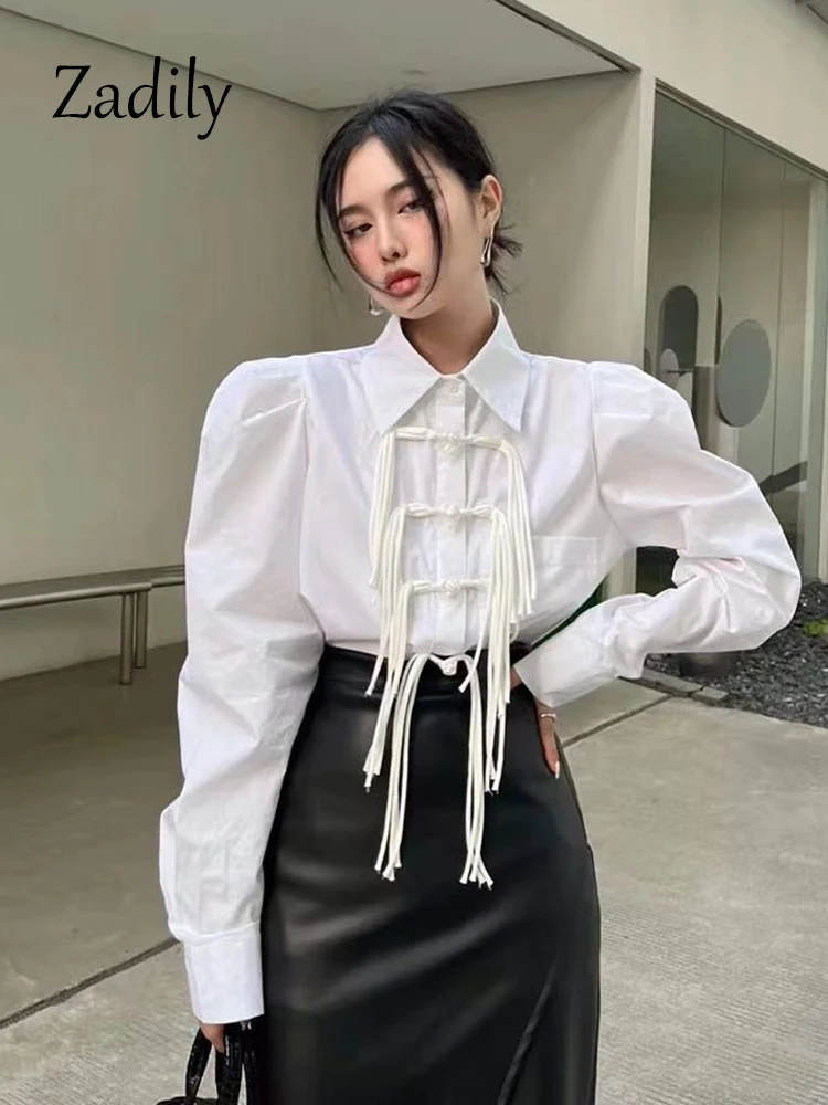 Zadily 2024 Spring Long Puff Sleeve White Shirt Women Office Lady Tassel Button Up Tunic Blouse Work Female Clothing Tops