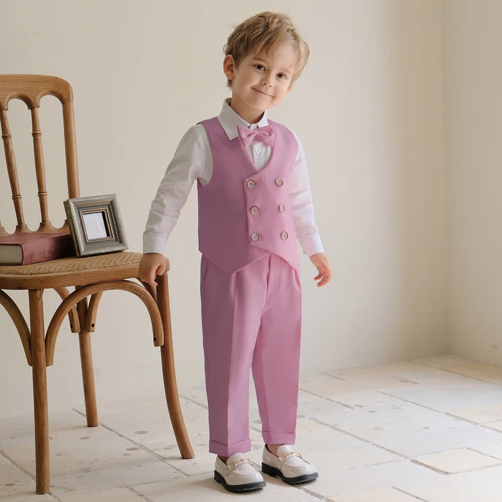 Infant Baby's Pink Birthday Photography Outfit Kids Vest Pants Bowtie Brooch 4Pieces Clothes Set Children's Wedding Party Dress