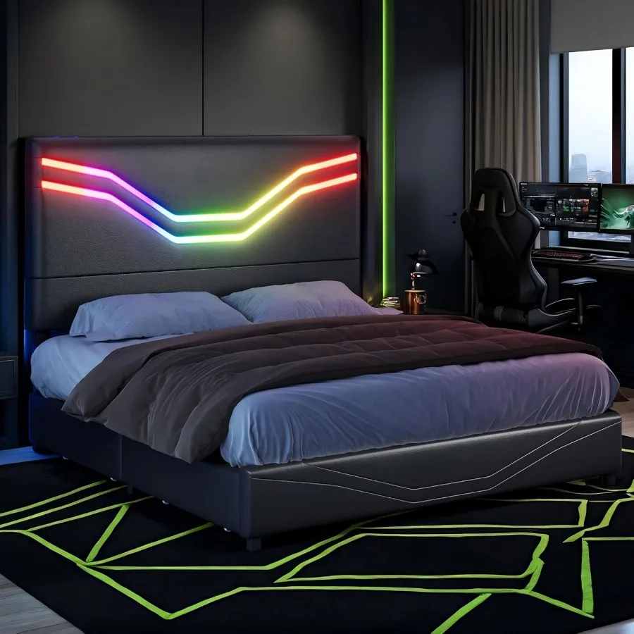 Queen Size Platform Bed Frame with LED Lights 4 Storage Drawers Leather Upholstered Headboard No Box Spring edGaming Bed for Be