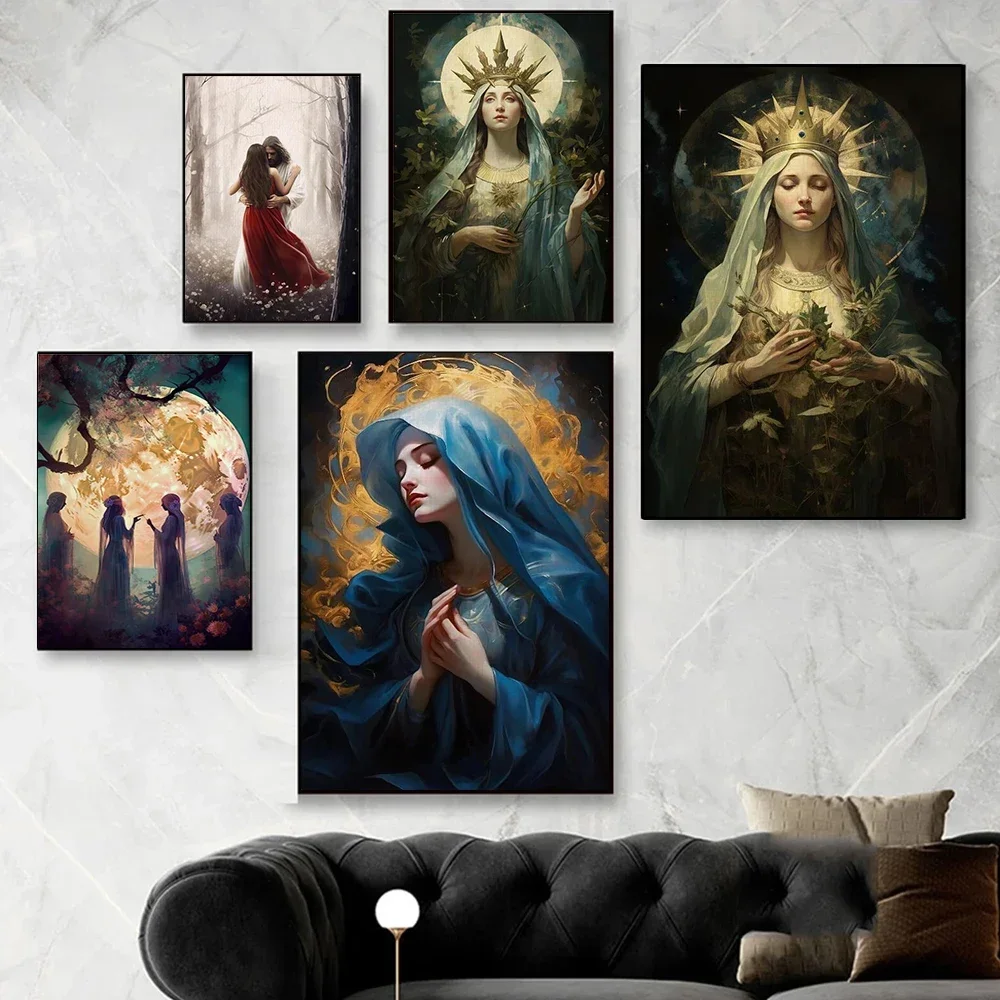 Large-sized 1pc Frameless Canvas Painting Vintage, Wall Art, Religion, Jesus, Christmas Moon Magic Angel, HD Canvas Print Poster