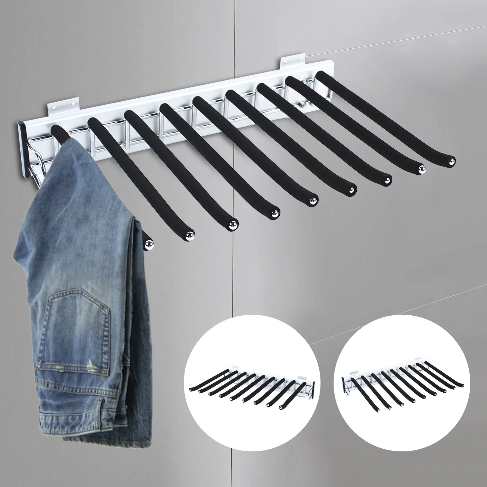 Bymaocar 9 Arms Pull Out Trouser Rack Closet Pants Clothes Hangers Storage Holder Space Saving Silent with 3-section Rail & Base