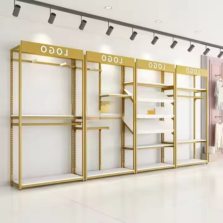 Rak Pajangan Toko Ritel Custom, Rak Pameran Logam, Rak Pajangan Baju Kayu dan Stainless Steel OEM Supermarket untuk S