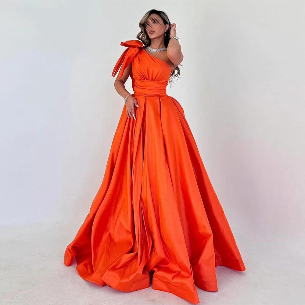 Orange Prom Dress Sexy One Shoulder Sleeveless Bow Pleat A Line Satin Formal Gown Robe De Soiree Simple Evening Dresses