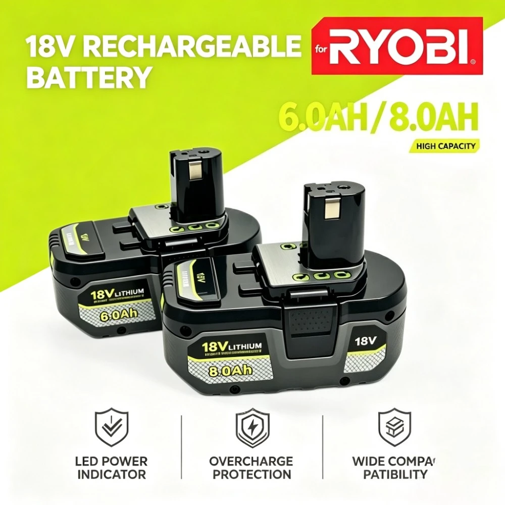 18V Lithium Replacement Battery 8.0Ah FOR Ryobi 18V Cordless Power Tools Rechargeable Li-ion Battery With LED Power Indica