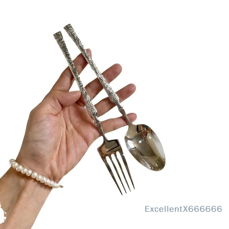 Stainless Steel Long Handle Spoon Dinnerware Set Western Steak Cutlery Ice Pattern Spoon Fork Tree Bark Pattern Small Waist