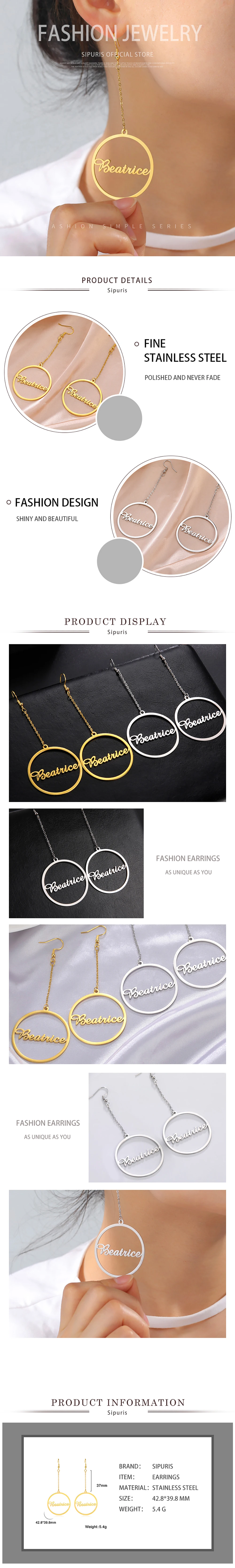 Sipuris Edelstahl-Ohrringe mit langer Kette und großem Kreis, personalisierbar mit Namen, für Damen, Modeschmuck, Accessoires, Geschenk 2022 – Detail 5