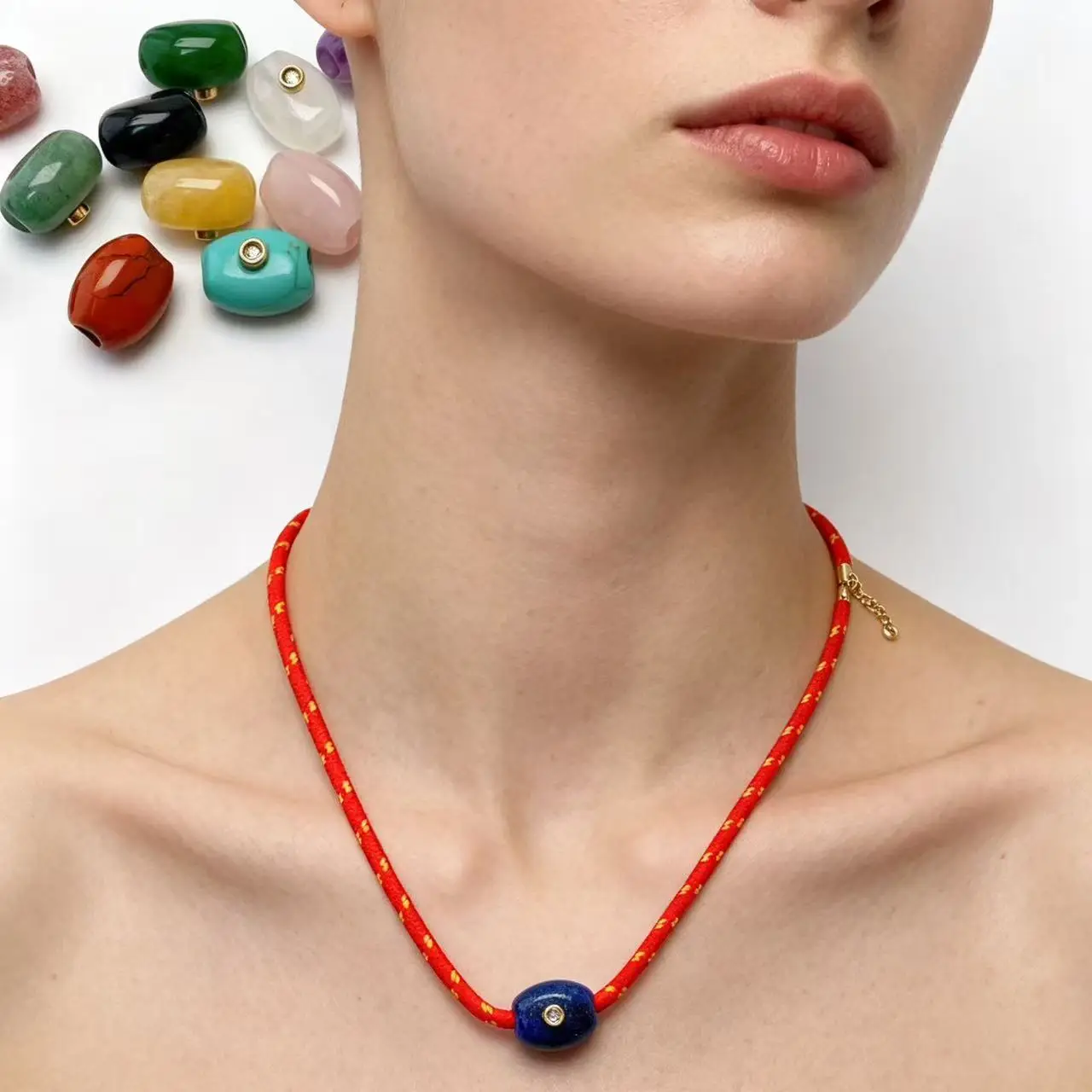 Braided Red Cord Choker Necklace Multi‑Color Natural Stone Interchangeable Bead Pendant Adjustable Women Daily Jewelry