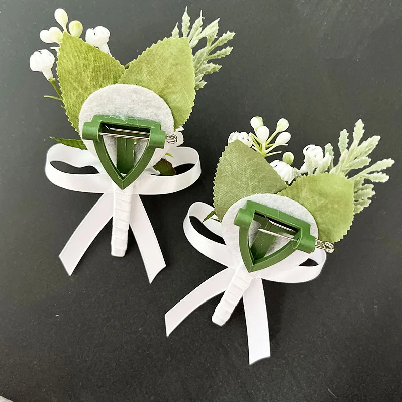 Boutonniere-Accesorios de boda para padrinos de boda, broches de flores para novio, rosas de seda blanca, ramillete Artificial, alfileres personalizables