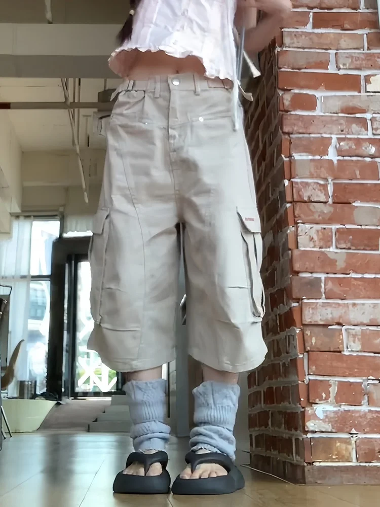 

Retro American Design Multi-Pocket Work Pants Women Summer New Street Sexy Loose Versatile Seven-Foot Jeans Natural Waist
