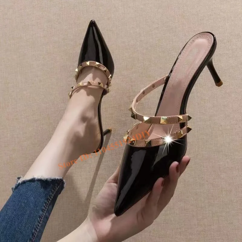 Zapatos de tacón de 6Cm y 8Cm de piel de oveja negra desnuda, zapatos de tacón con tachuelas para mujer, zapatos de tacón alto con remaches y punta estrecha