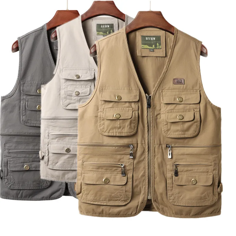 

2025 men's pure cotton, multi-pocket new V-neck, fishing vest