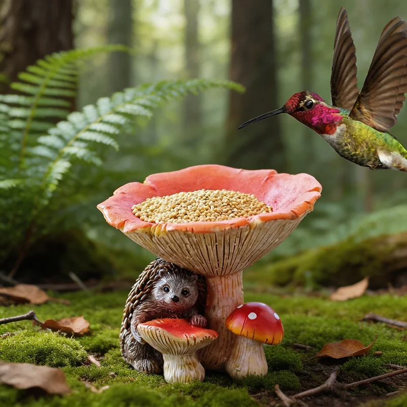 Hedgehog Mushroom Bird Feeder Resin Statue Creative Outdoor Garden Animal Feeder Ornament Yard Lawn Decor