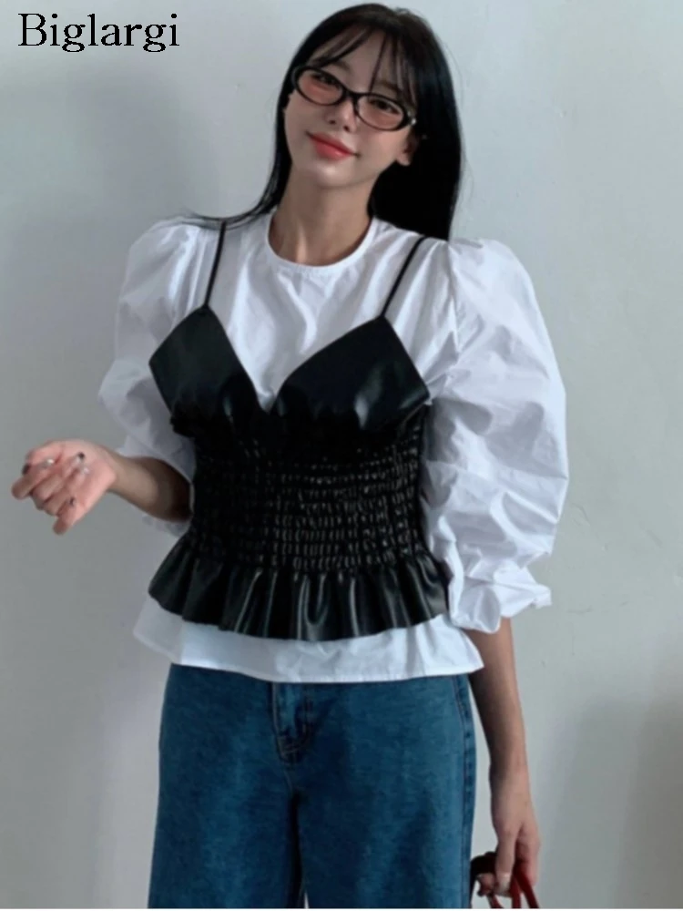 

Spring Long Sleeveshirt Tops 2 Two Piece Sets Women Casual PU Vest +shirts Ladies Tops Sets Korean Style Woman Fashion Outfits