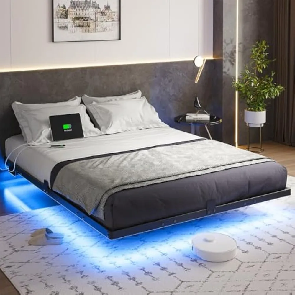 

Queen Size Floating Bed Frame W LED Lights,USB Charging Station, Modern Metal Platform Bed Frame,Noise Free No Box Spring Needed