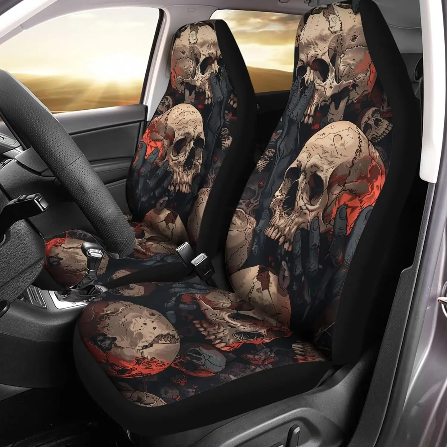 2 Pieces Durable Car Seat Covers Front Seats Only Creepy Skull Print Auto Bucket Seat Cover Protector Universal Seat Cushion