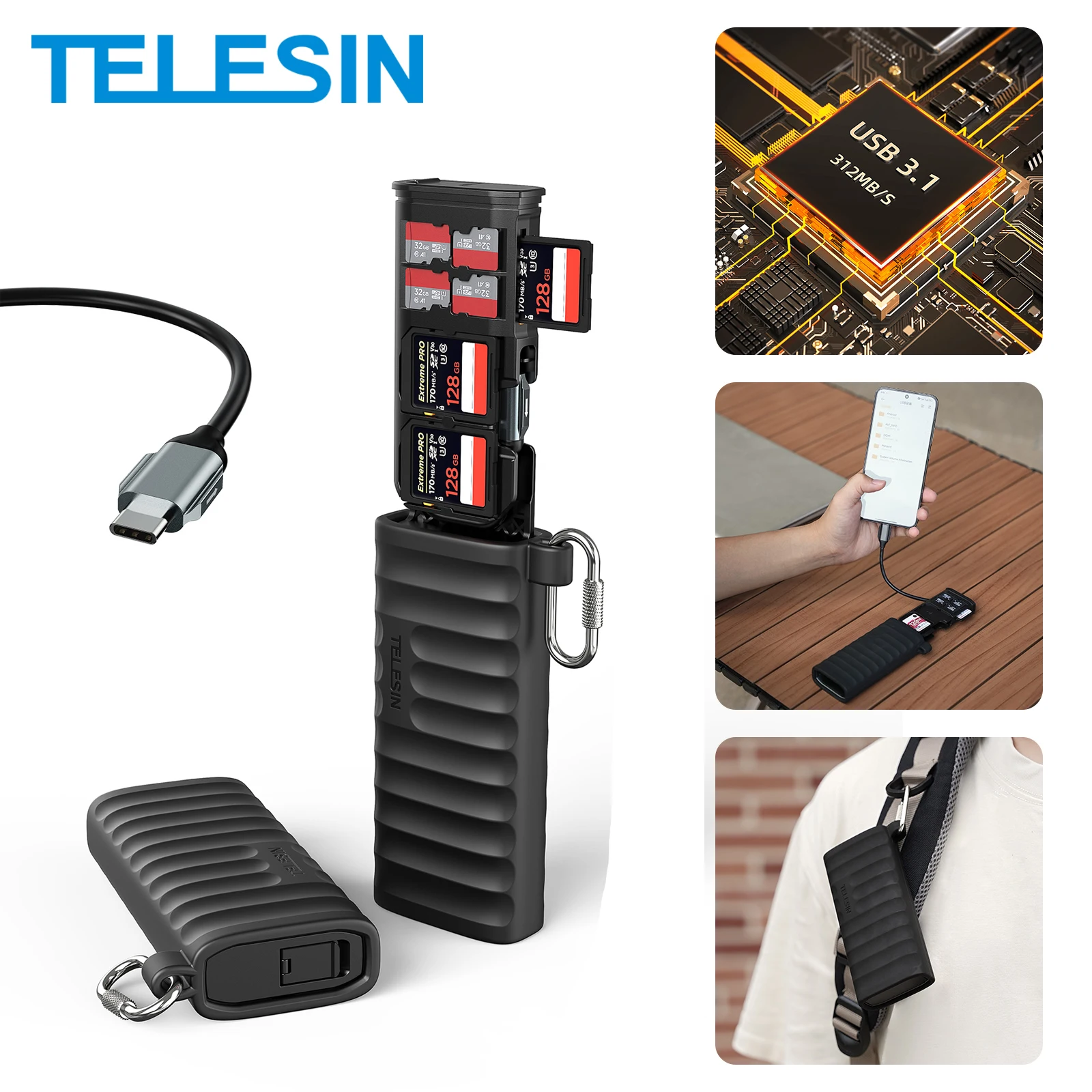 TELESIN Micro SD Card Reader Storage Box High Speed Data Transmission Type-C 2-in-1 SD/TF Card Reader for PC Camera