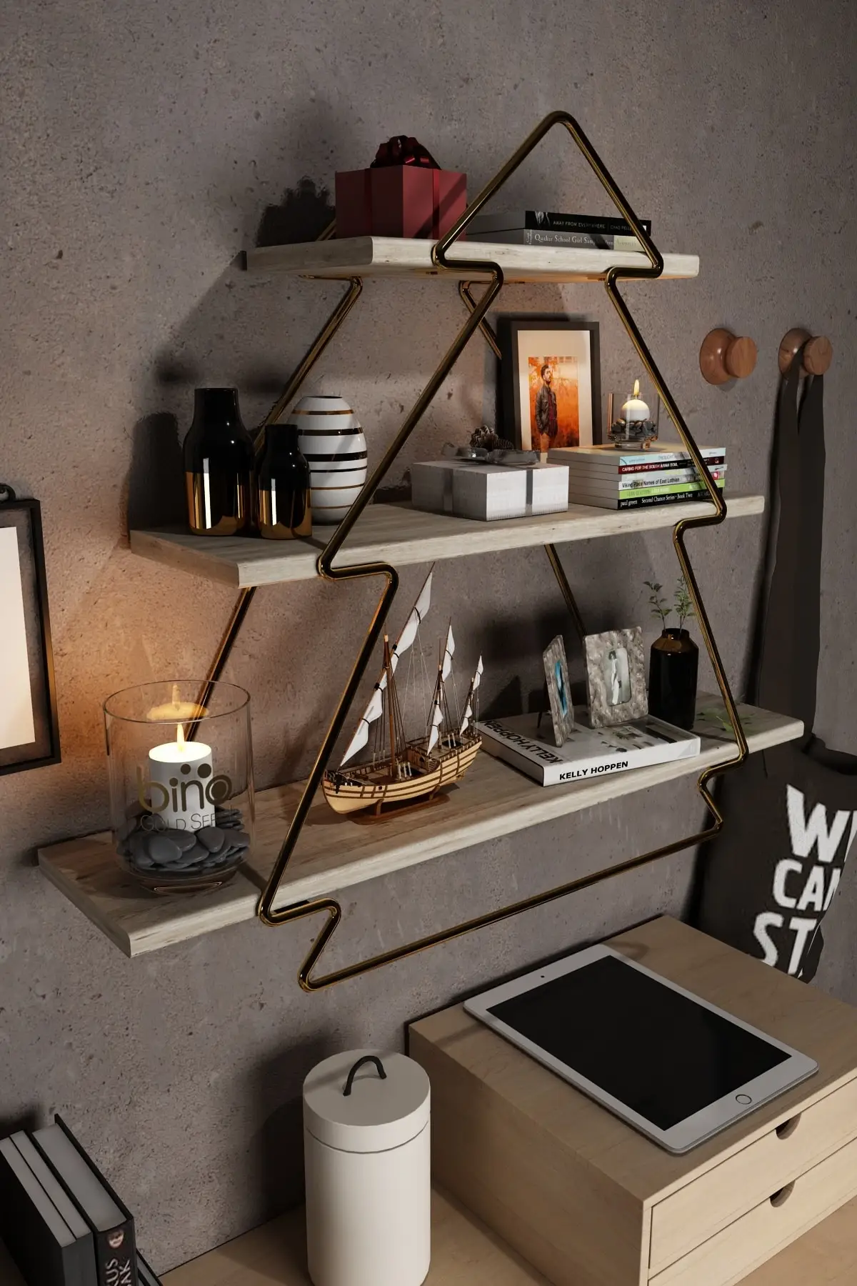 Decorative Wooden Three Tiers Wall Shelf Living Room Kitchen Bathroom Triangle Multipurpose Shelf Accessory Storage Organization