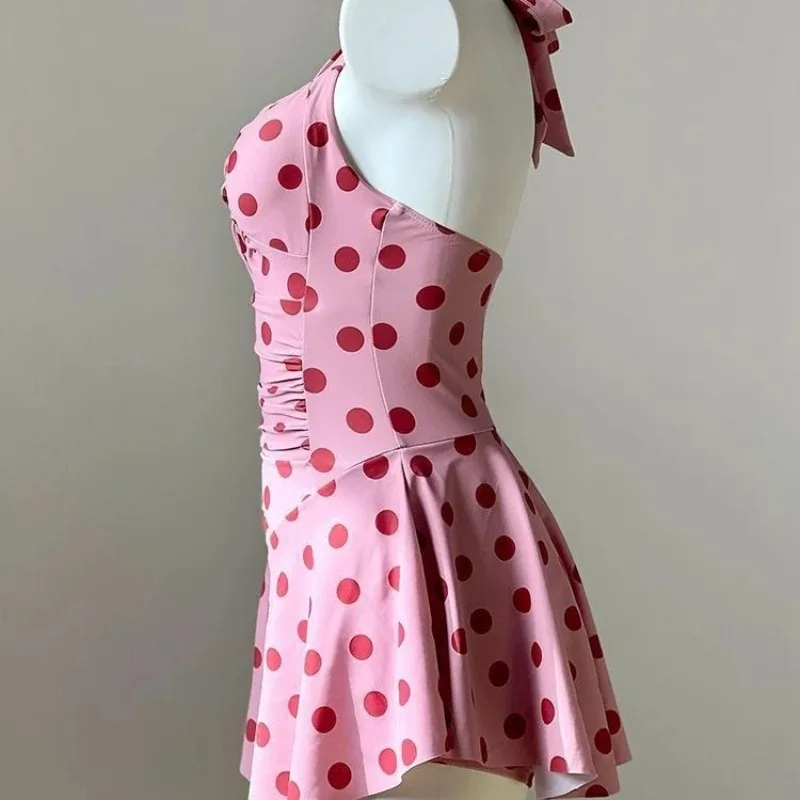 Women Swim Dress Pink Polka Dot One Piece Swimsuit Cute Grils Swimwear Youth Swimwear Beach Backless Swimsuit Dress