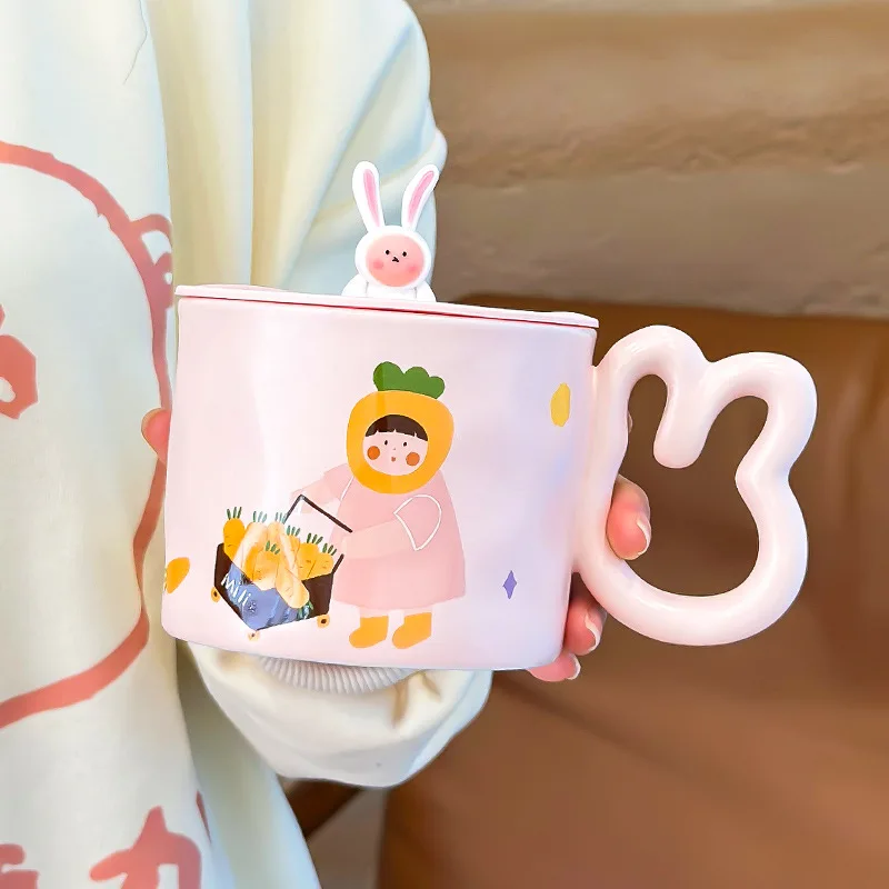 300ml Cartoon Ceramic Mug With Lid and Spoon Creative Cute Coffee Milk Tea Breakfast Cup Drinkware Novelty Gifts