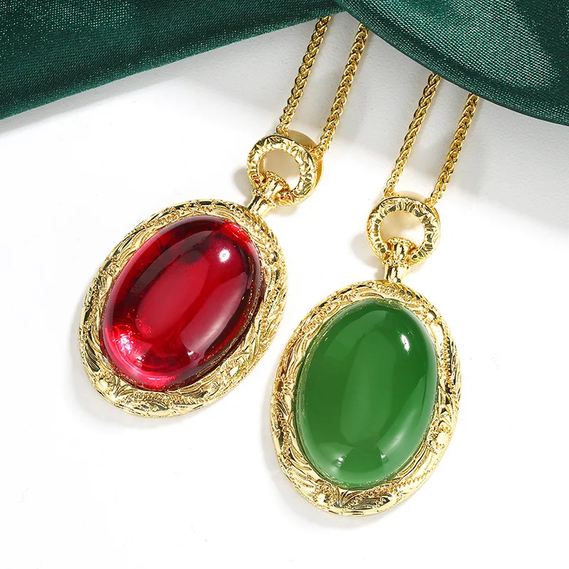 New Trendy Big Stone Red/Green Zircon Brushed Crystal Pendant Necklaces Women Retro Exquisite Anniversary Engagement Jewelry