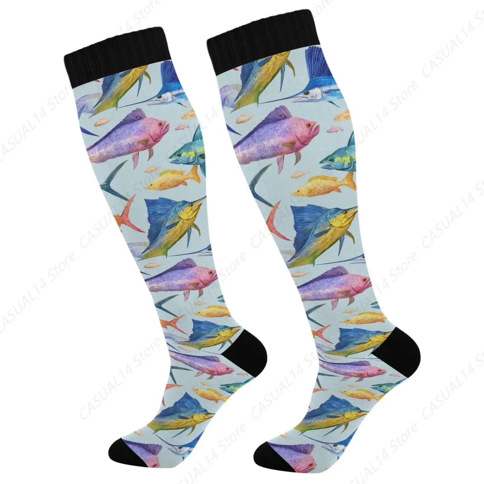 2 Pairs Various Fish Compression Socks Knee High Socks for Women & Men 15-20 mmHg Support for Athletic