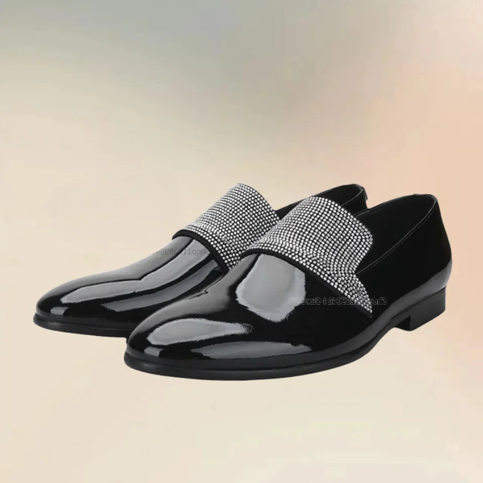 

Silver Crystal Decor Black Patent Leather Loafers Fashionable Slip On Men Casual Shoes Novel Handmade Low Top Men Dress Shoes