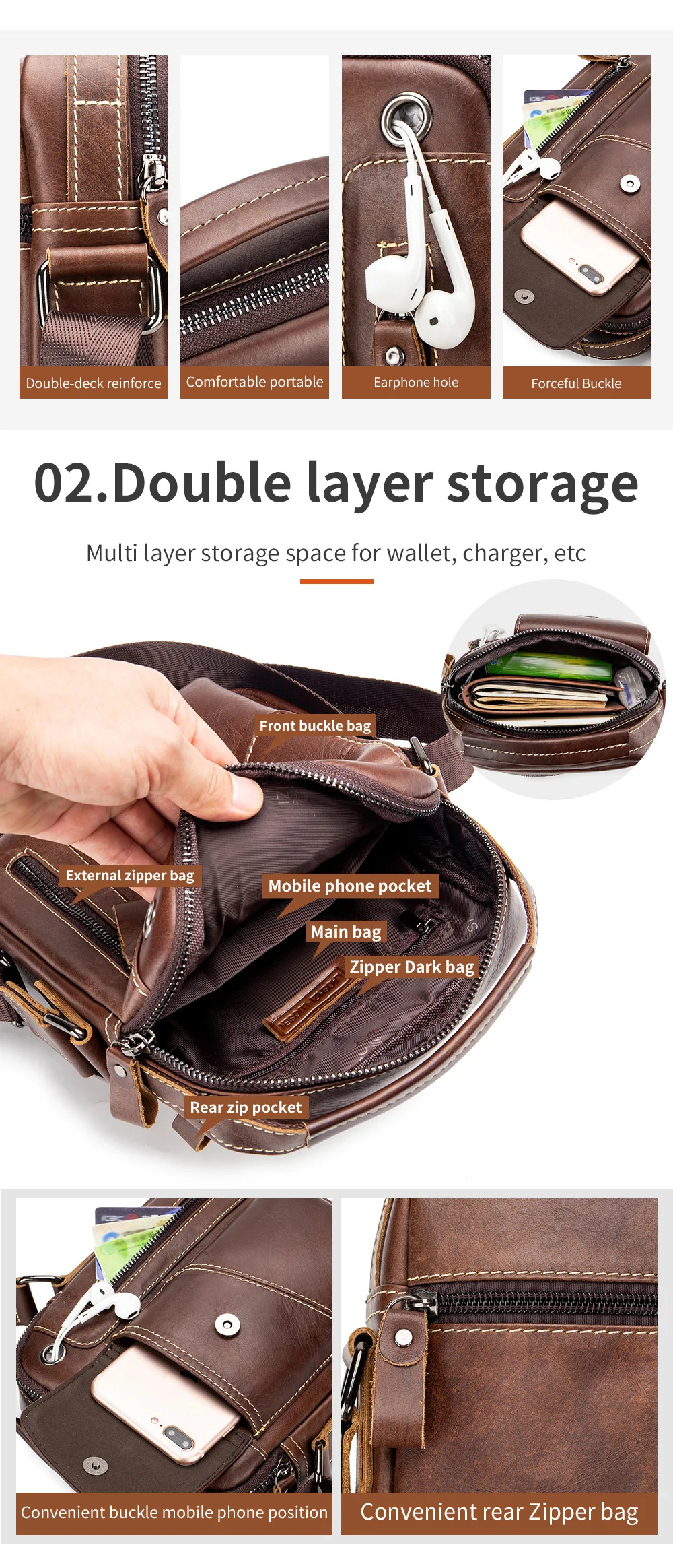 Herren-Umhängetasche aus Leder, multifunktionale Umhängetasche aus Rindsleder mit hoher Kapazität, Handtasche – Detail 4