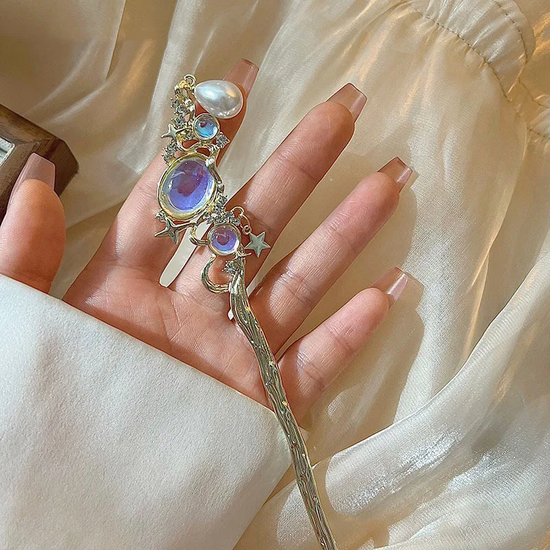 Moonstone Hairpin with Star & Pearl Tassel – Silver Hair Stick, Vintage Chinese Style Hair Accessory - view 3