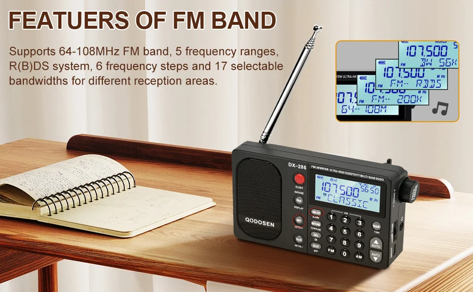 QODOSEN DX-286 Tragbares Radio AM/FM/LW/SW Digitales Weltbreitband-Radio mit TEF6686 Autochip Inklusive Einer 18650 Batterie – Detail 9