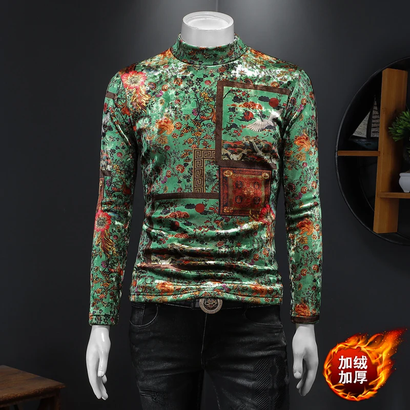 Crane Floral Print T Shirt For Men Long Sleeve Casual Turtleneck Winter Thick Velvet Quality Smooth Slim Fit Camisetas De Hombre