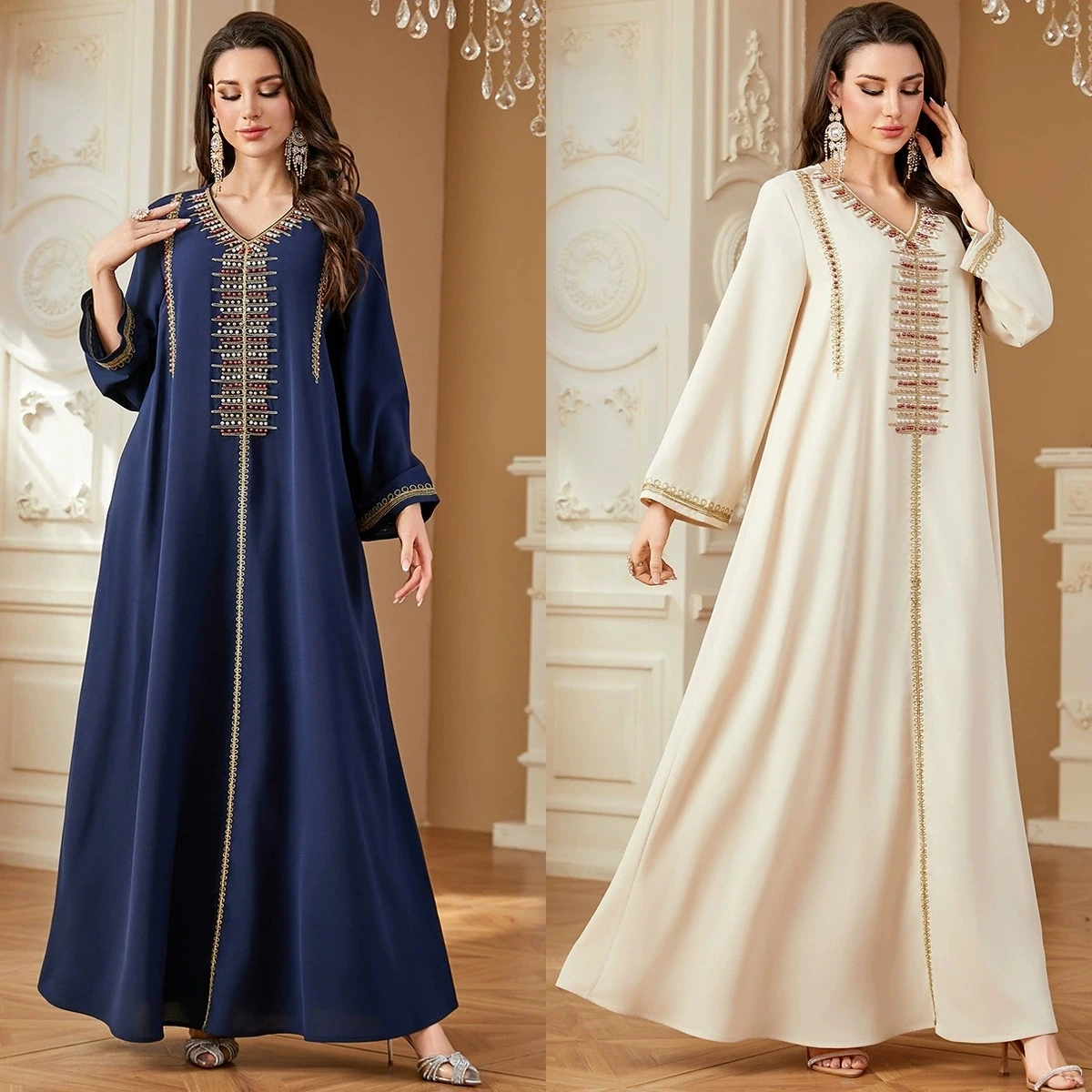 

Middle East Ramadan Islamic Turkiye Muslim Fashion Women's Dress Beaded Saudi Arabia Dubai Embroidered Robe Dress