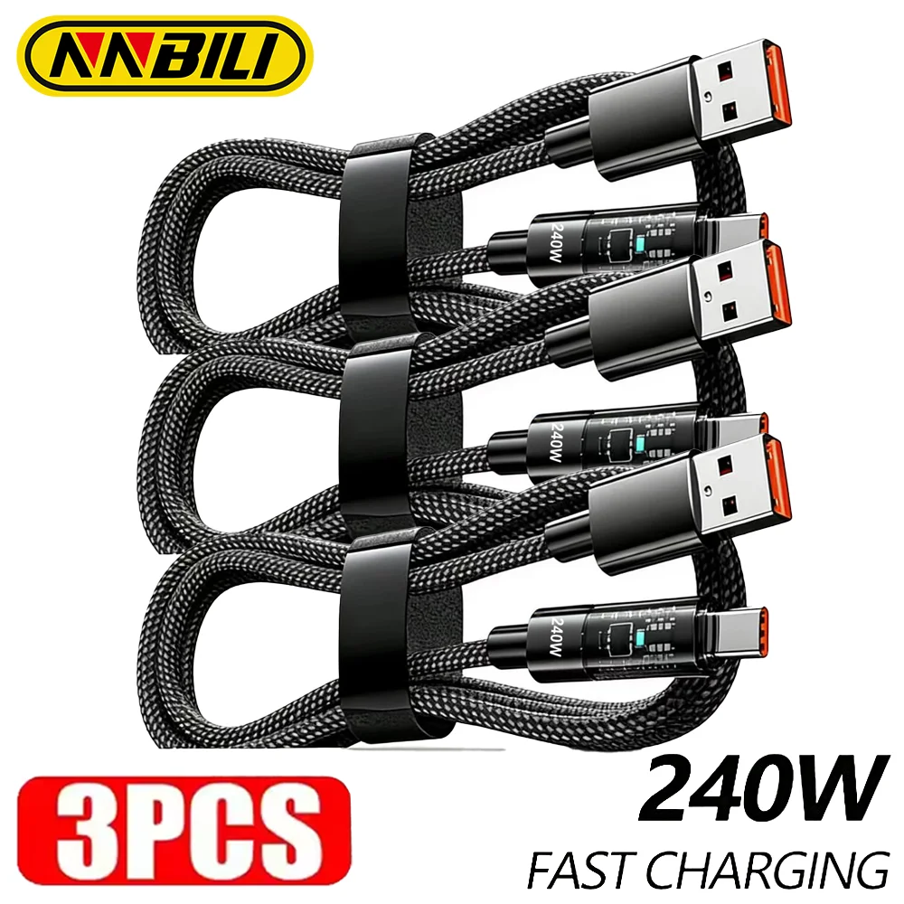 NNBILI 3Pcs 240W Nylon USB Type C Super Fast Charging Cable For Samsung Xiaomi Huawei Honor LED Display Charger USB A Data Cord