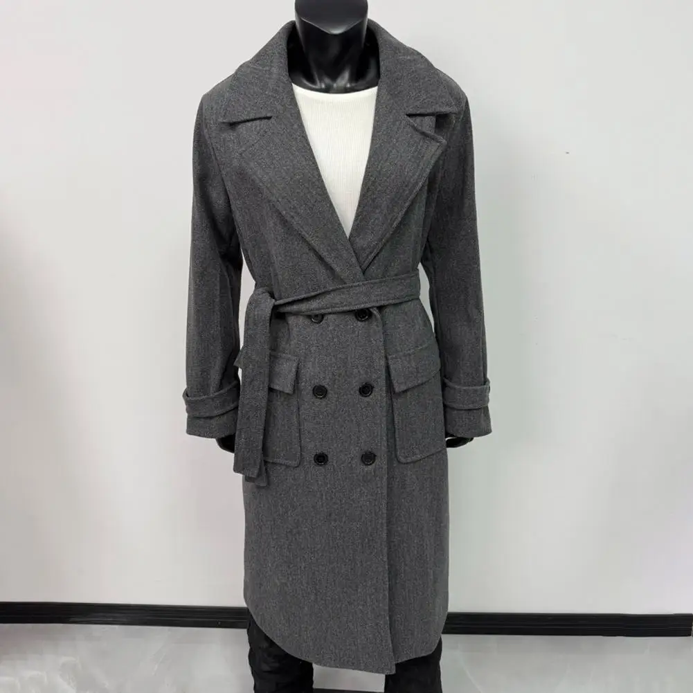 

Slim Fit Lapel Coat Spring Long Coat Elegant Double-breasted Women's Overcoat With Turn-down Collar Mid-calf Length For Office