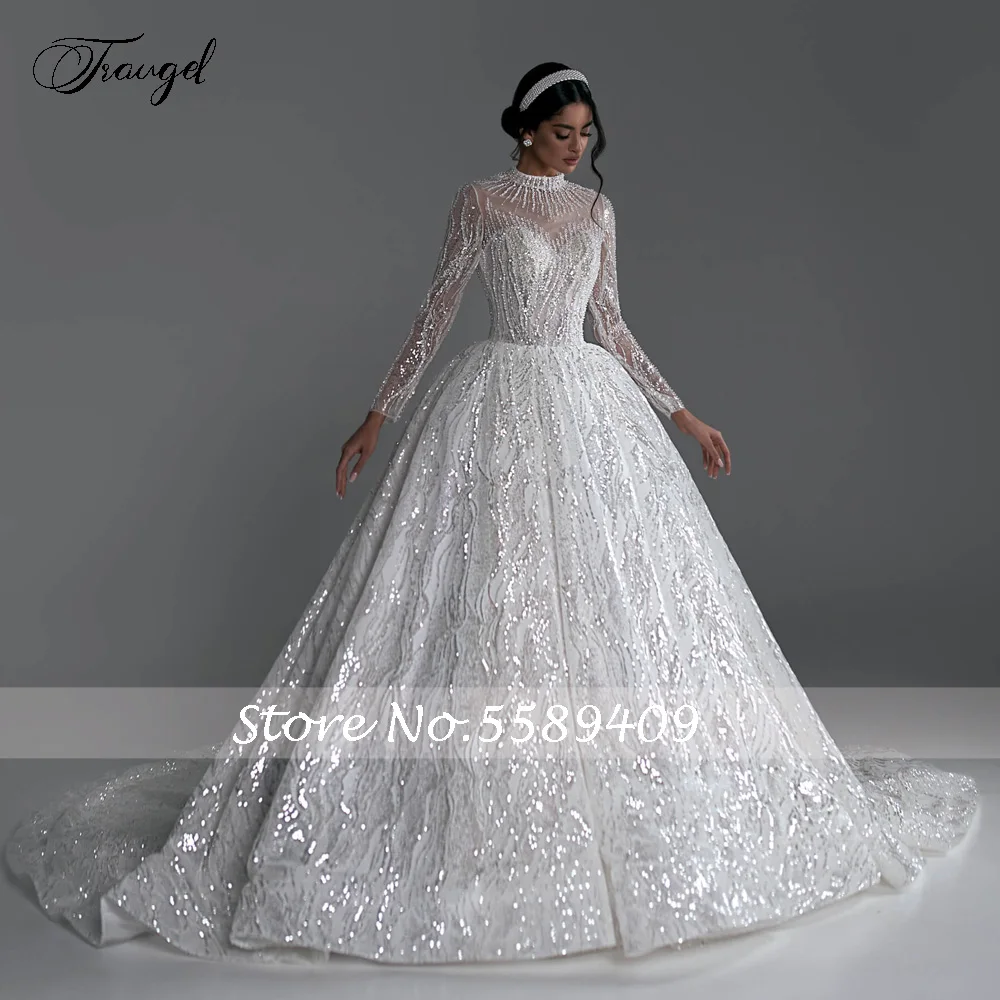 Traugel Ball Gown Gorgeous Wedding Dresses High Neck Long Sleeve Vestido De Novia Lace Sequined Shiny Royal Robe De Mariee