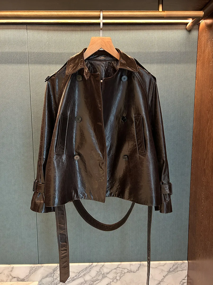 Trench corto da donna in vera pelle di pecora cerata retrò resistente
