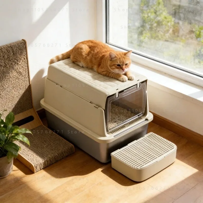 Extra Large Stainless Steel Cat Litter Box  Multi-Function Flip-Top Enclosed Anti-Splashing Cat Toilet  Odor-Removal Kitty Potty