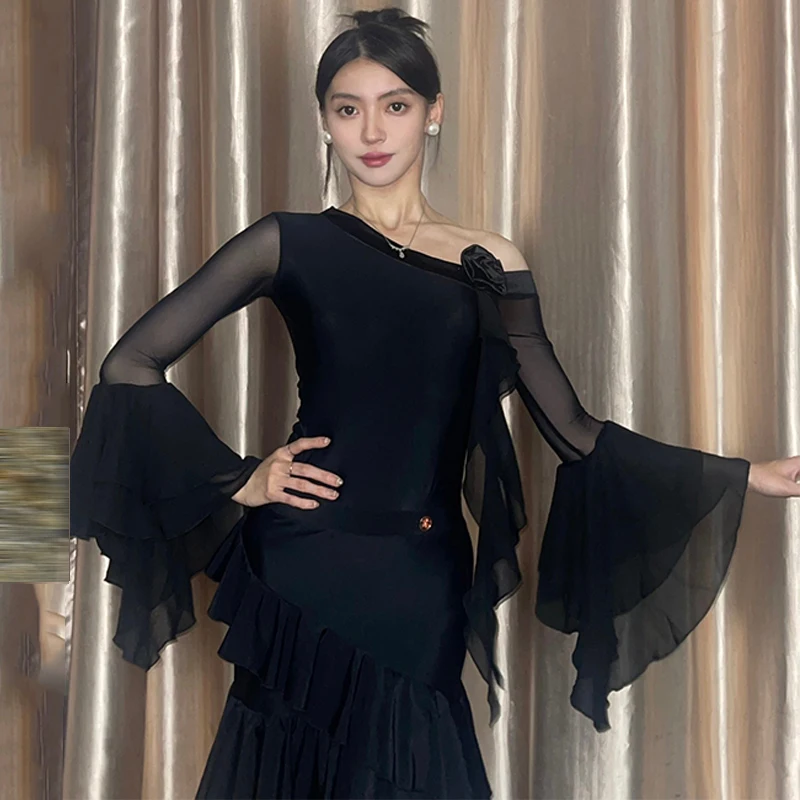 Ballrom Dance Dress Women Slant Shouder Tops Skirt Black Ballroom Dress Standard Waltz Dance Costume Competition Dress BL13648