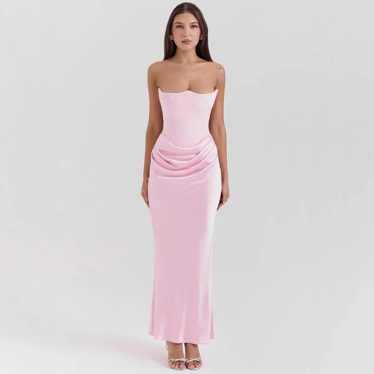 Mingmingxi 2025 女性のイブニングドレスストラップレスピンクウエディングパーティードレスセクシーなサテンロングコルセットドレスエレガントマキシガラドレス