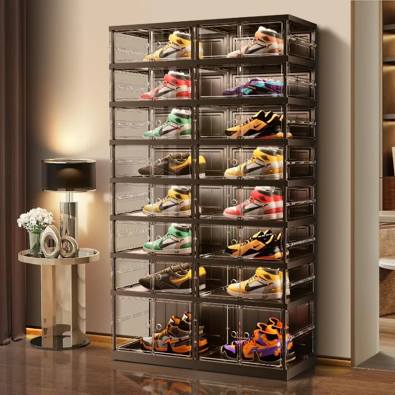 EHAMILY 8 Tiers 16-32 Pairs Foldable Shoe Boxes Large Plastic Shoe Storage Rack Collapsible Shoe Organizer