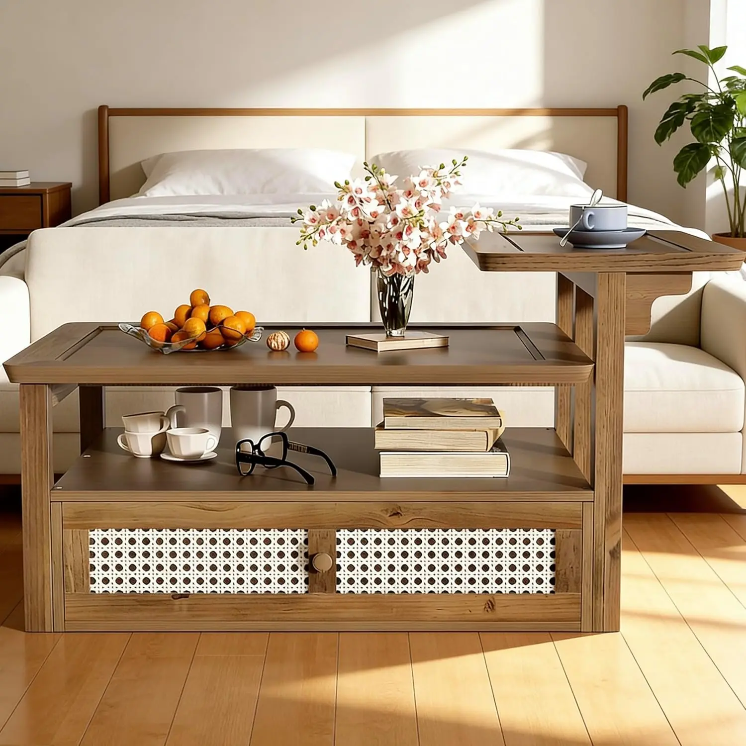 طاولة قهوة خشبية متداخلة حديثة، درج طاولة جانبية مرتفع ومنخفض من قطعة واحدة، طاولة جانبية من الخشب الريفي للتخزين بطبقتين