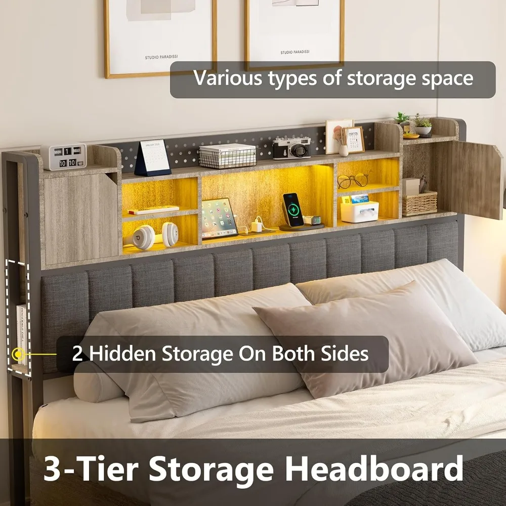 Queen Bed Frame with 4 Storage Drawers and Bookcase Headboard, Type-C & USB Charging Station, Metal Platform Bed with Storage image 3