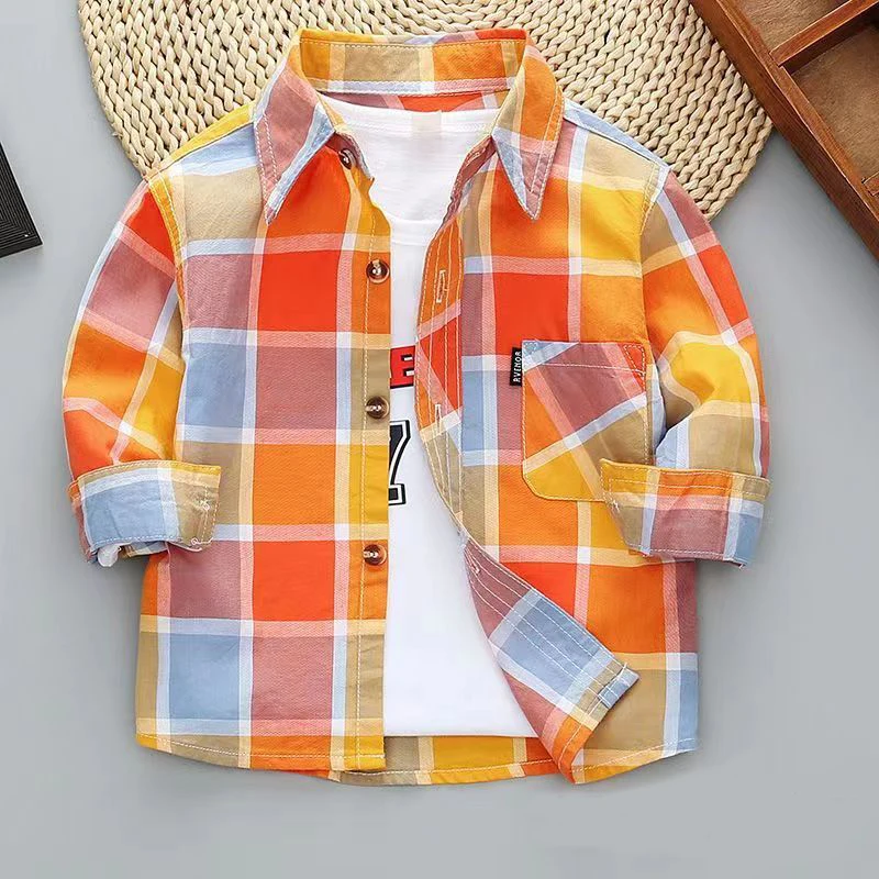 1-8Y Toddler Boys Shirt Spring Summer Cotton Plaid Printed Jacket Fashion Kids British Style Long Sleeve Shirt Children Clothing