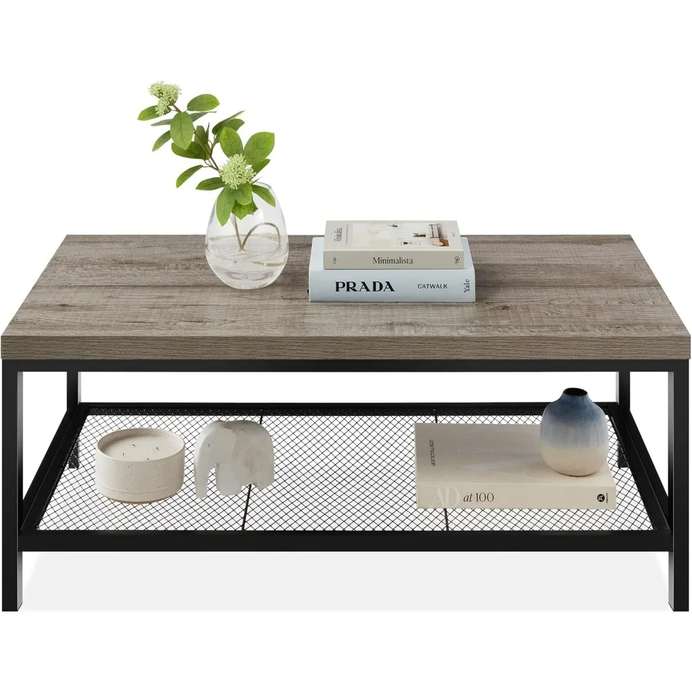 

44in Modern Coffee Table, Large 2-Tier Industrial Rectangular Wood Grain Top Coffee Table