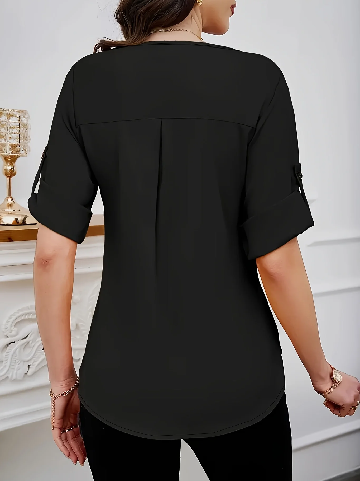 เสื้อเชิ้ตสีทึบทอฤดูร้อนลําลองขนาดบวกของผู้หญิง