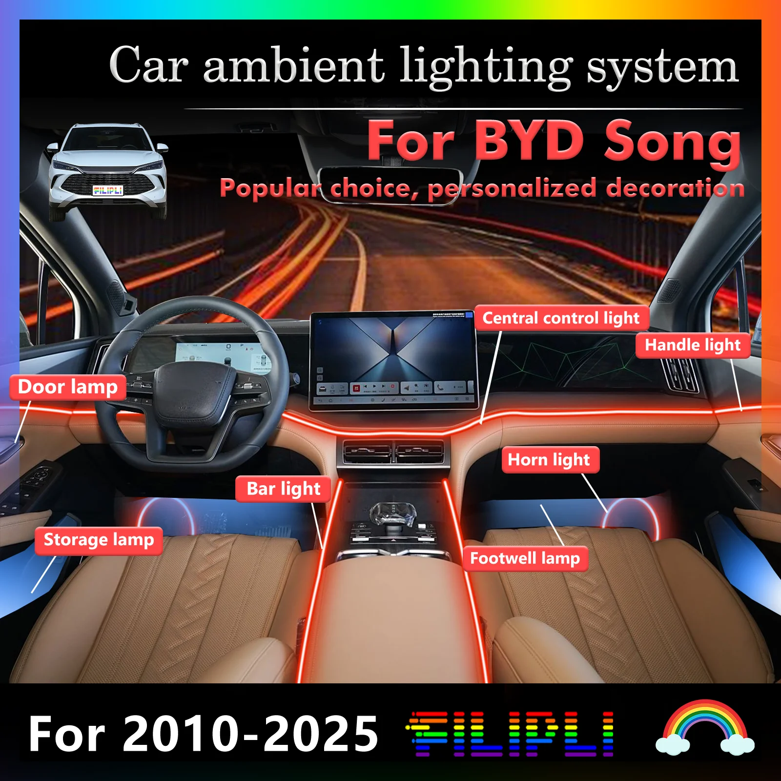 

For BYD Song Car Interior Decorative Ambient Light RGB 64-Color LED Smart Remote Control Energy Saving Efficient Set