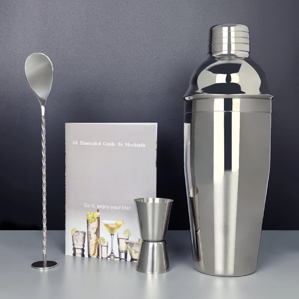 3 Piece 750ml Cocktail Shaker Set, 24oz Bartender Kit, Bar Shakers Tools 15/30ml Jigger, Spoon with Cocktail Recipe