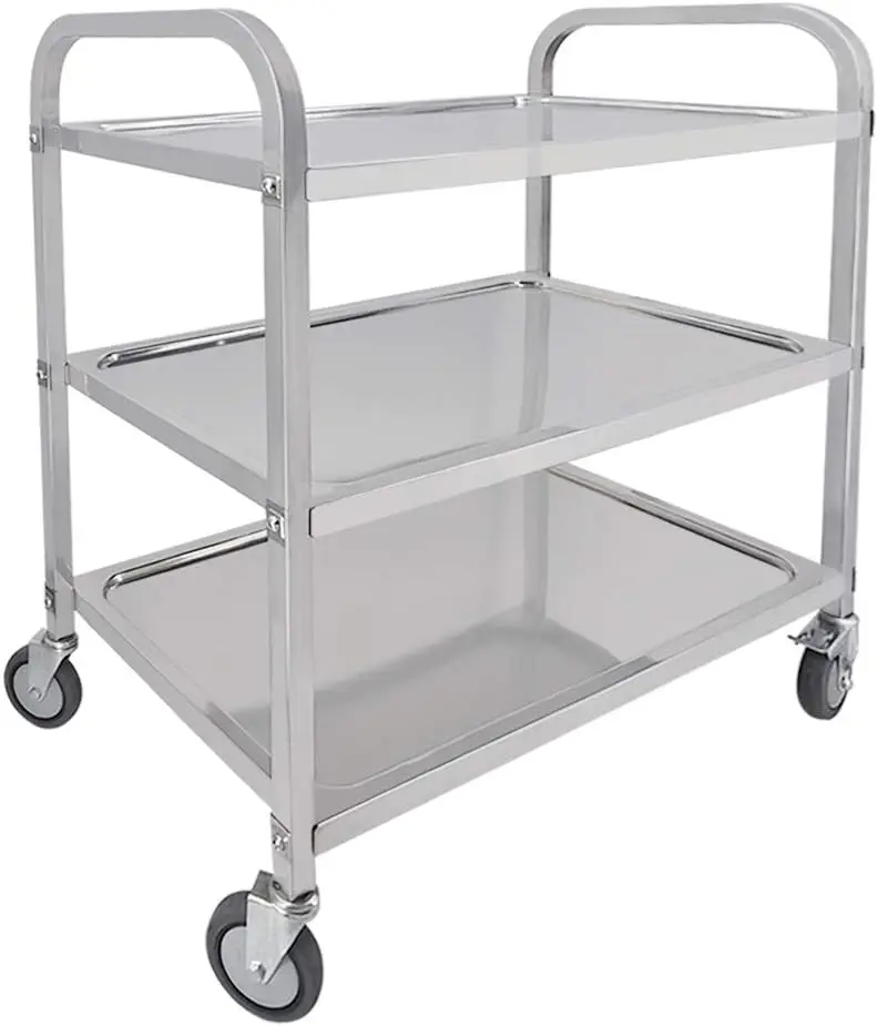 3-Tier Utility Cart with Wheels Kitchen Island Stainless Steel Trolley Serving Cart 300 lbs Capacity Catering Storage Shelf with
