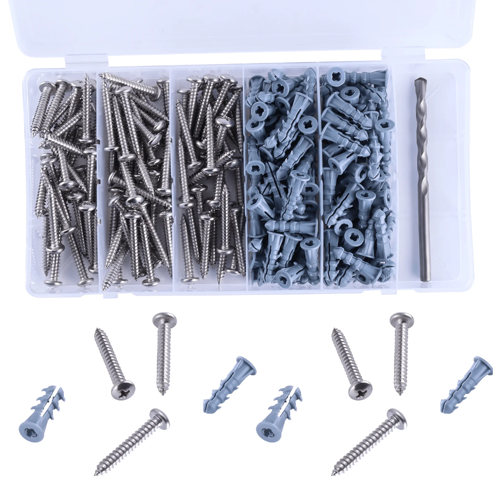 

200pcs Anchors And Screws 10 X 1-1/4 PE Plastic Anchors Stainless Steel Screws For Woodworking Expansion Tubes Screw