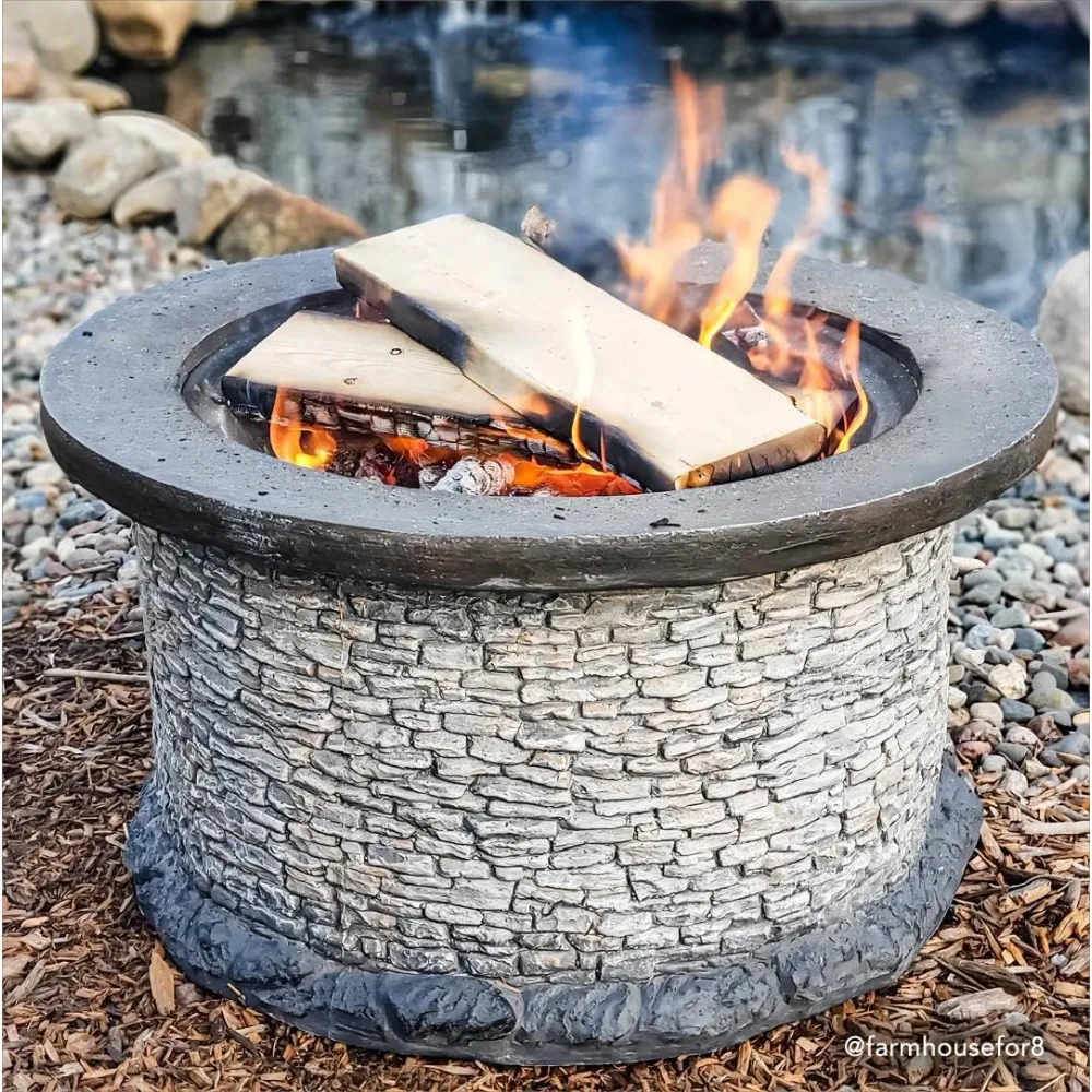 32 in. Fire Pits for Outside, Patio Round Stone Wood-Burning Large Fire Pits with Mesh Spark Screen and Fire Poker